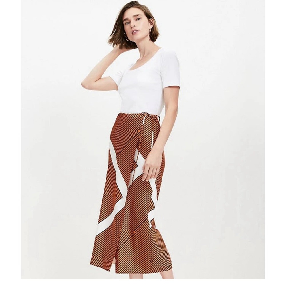NWT Loft Satin Bias Midi Wrap Skirt Size 10 Striped White‎ Gold Black